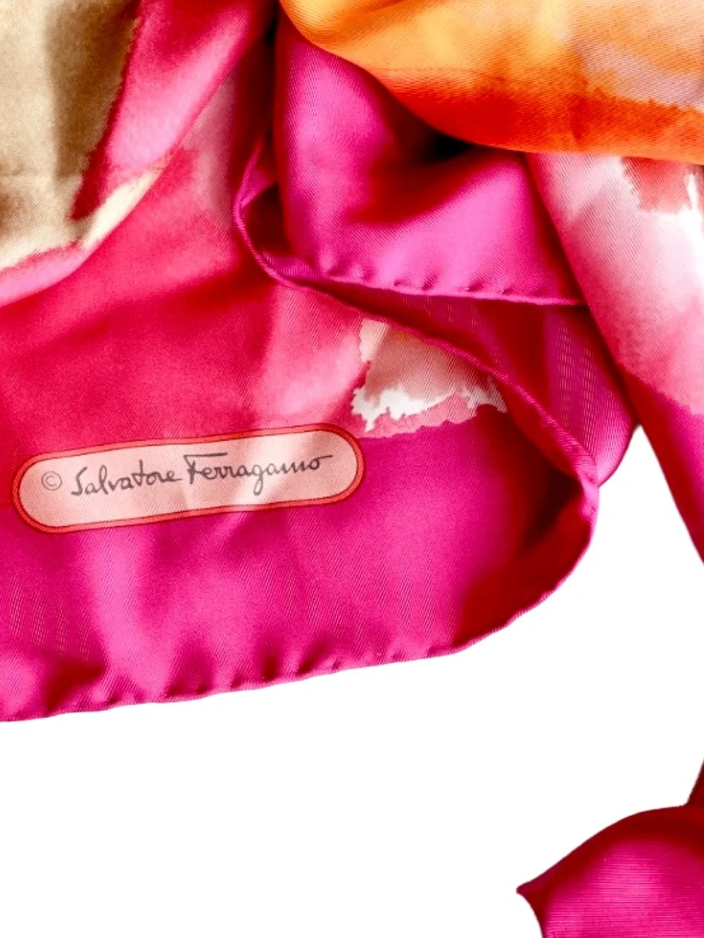 Salvatore Ferragamo Pink and Orange Watercolor Floral Vintage Silk Scarf